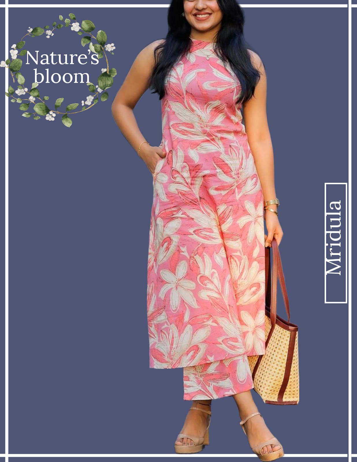 Woman wearing Mridula pink floral handblock cotton kurta set with matching pants
