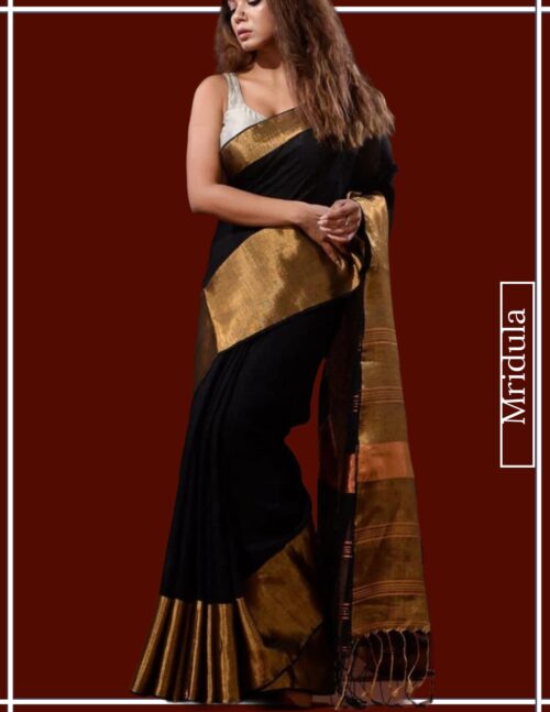 Mridula Kaveri Black Linen Saree With Golden Zari Border