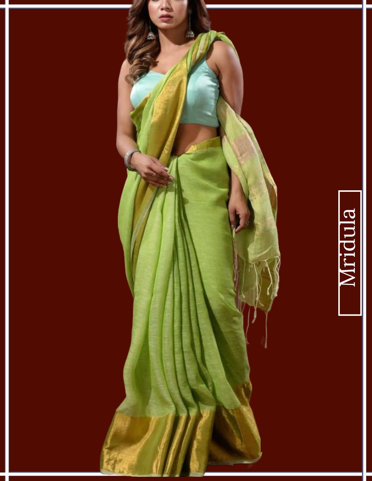 Woman wearing parrot green pure linen Kasavu saree with gold zari border