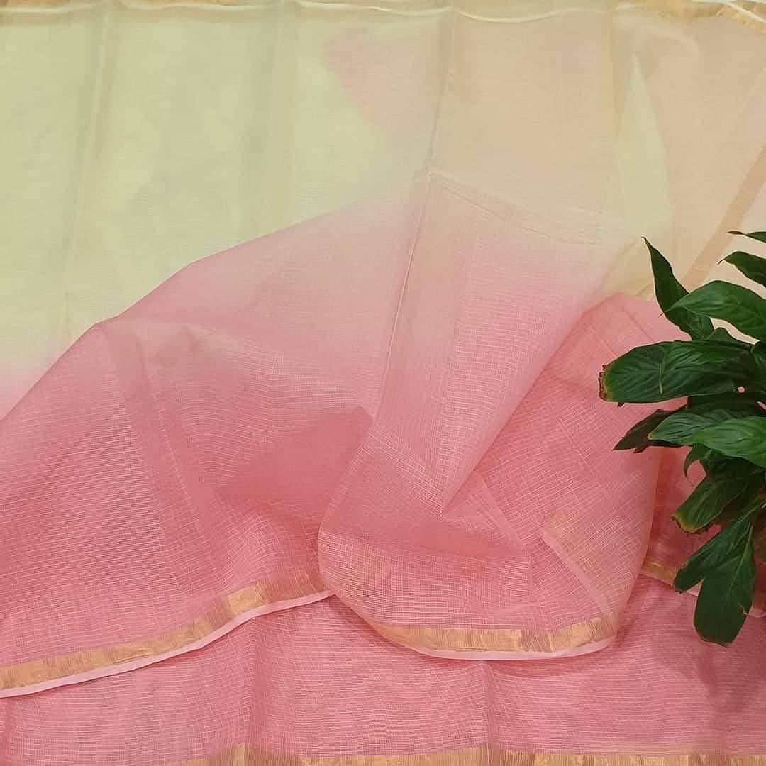 Mridula pastel pink and ivory Kota cotton saree with golden zari border