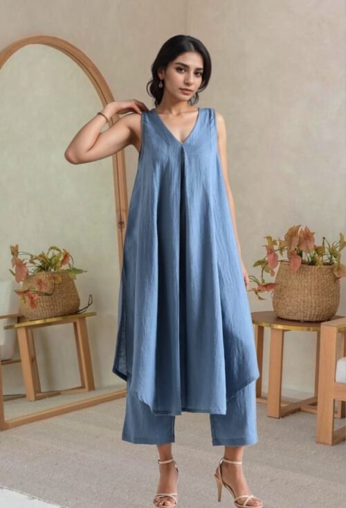 Powder Blue sleeveless A-line cotton kurta set with palazzos by Mridula