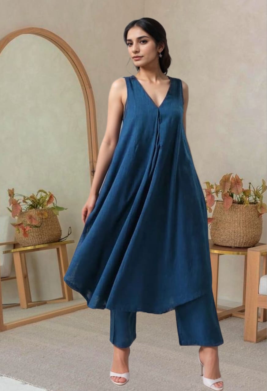 Model wearing Mridula’s sleeveless pure cotton A-line kurta set in blue with matching palazzos – ideal for formal and everyday looks