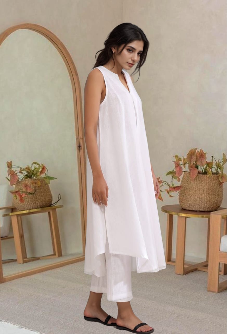 White sleeveless A-line cotton kurta set with palazzos by Mridula