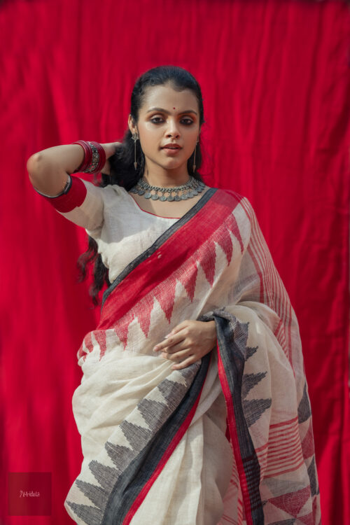 Mridula Handwoven Off-White Linen Saree with Red & Black Geometric Border