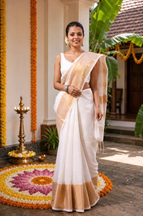 Woman wearing handwoven white linen saree with rich gold zari border and elegant festive drape.