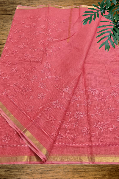 Mridula Pink Kota Cotton Saree featuring tone-on-tone floral embroidery and zari border