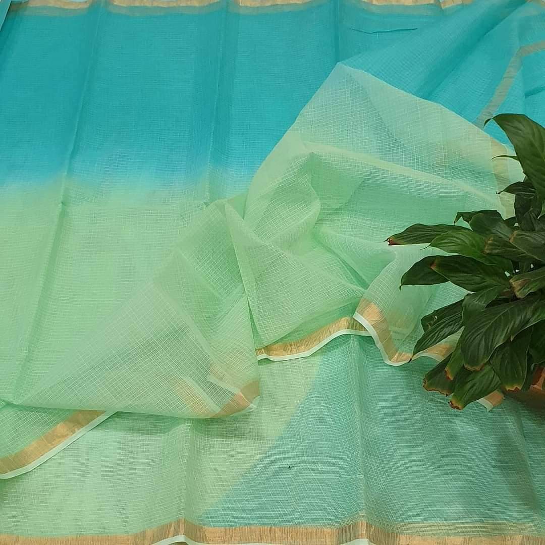 Mridula Kota Cotton Saree in aqua blue and mint green with zari border