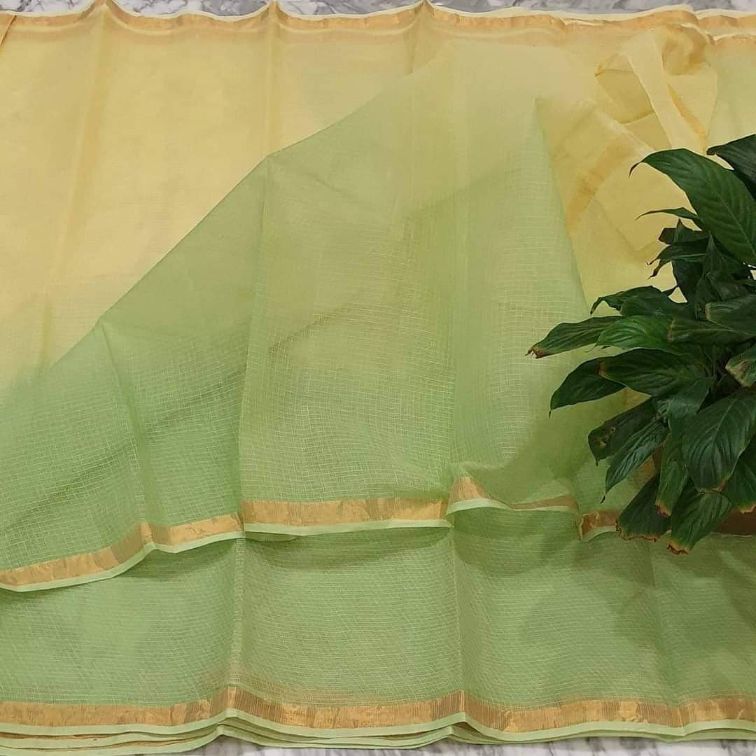 Mridula pastel yellow and green kota cotton saree with golden zari border