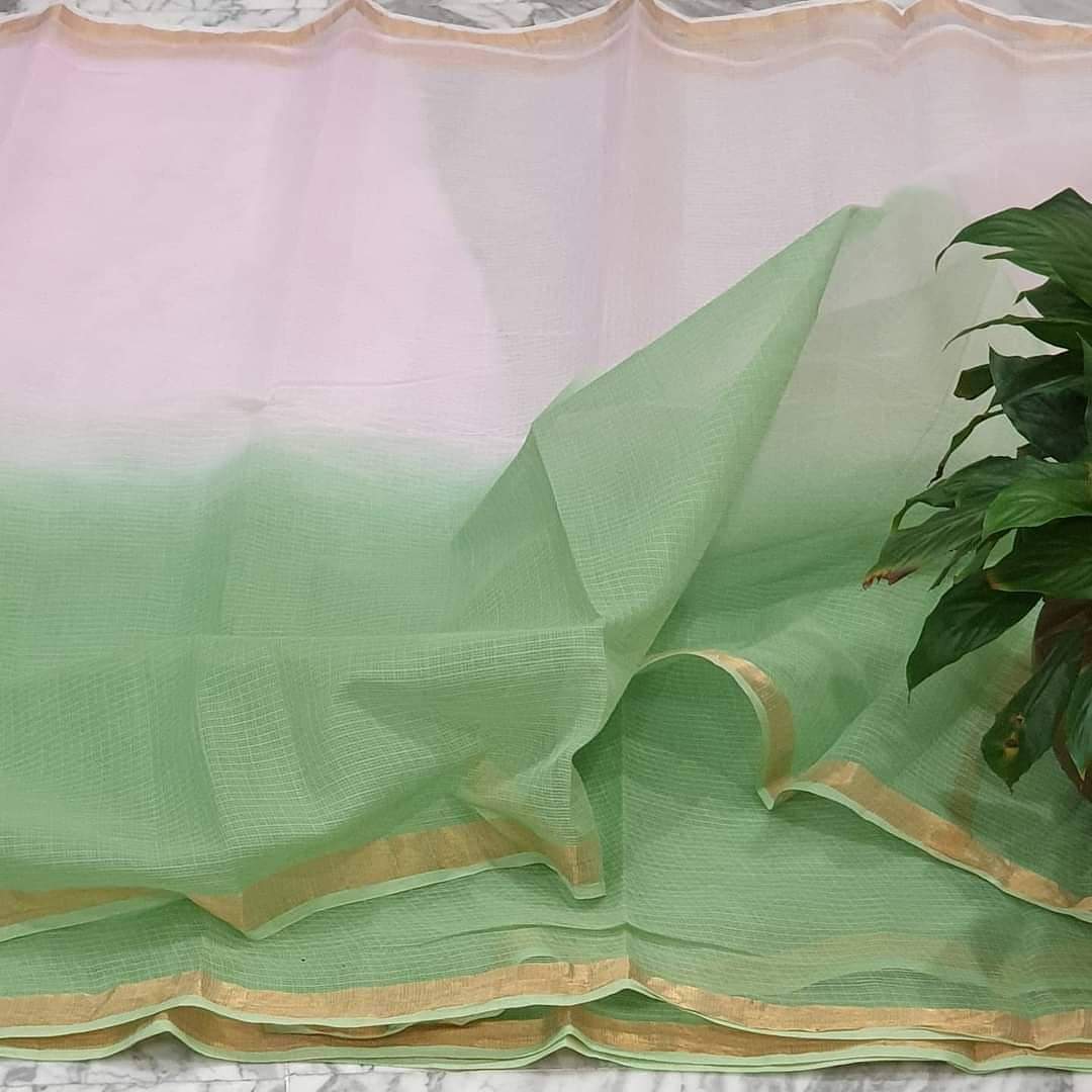 Mridula pastel green and pink Kota cotton saree with golden zari border