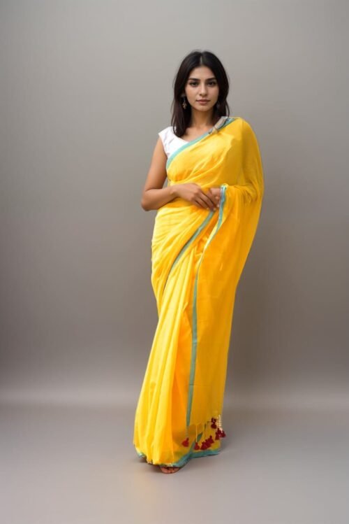 Woman wearing Mridula Yellow Mul Cotton Saree featuring sky blue border and colorful tassel detailing