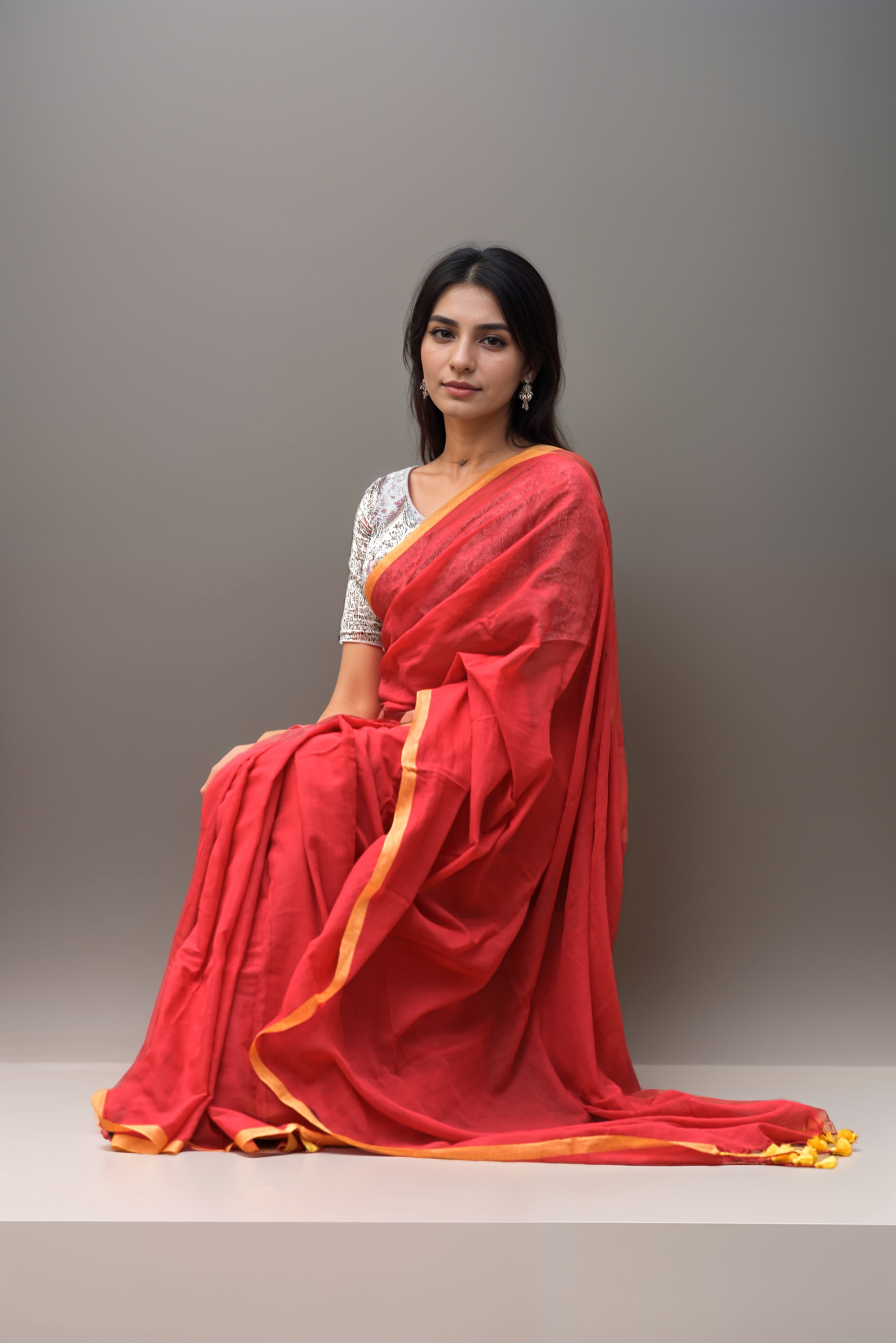 Woman wearing Mridula deep red mul cotton saree with golden yellow border