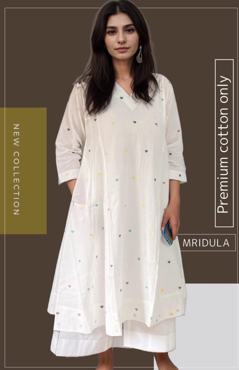White Cotton Kurta Set with Embroidered Hearts - Mridula