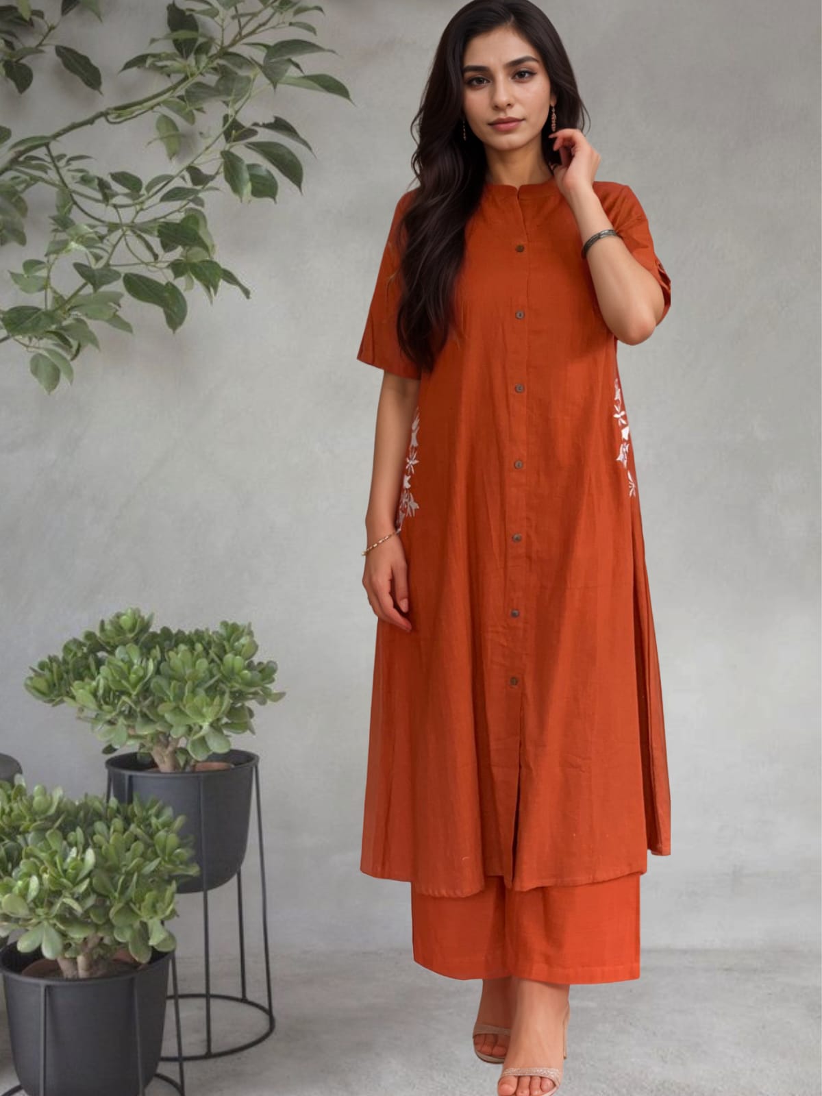 Embroidered pockets kurta set, cotton co ord, halter neck, pure cotton.