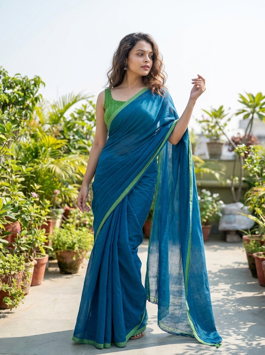 Mridula Neel Tara Soft Khadi Cotton Saree - Image 3