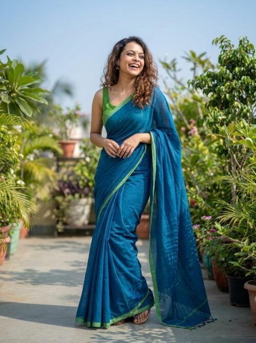 Woman wearing royal blue soft mull cotton saree with green border and tassel detailing