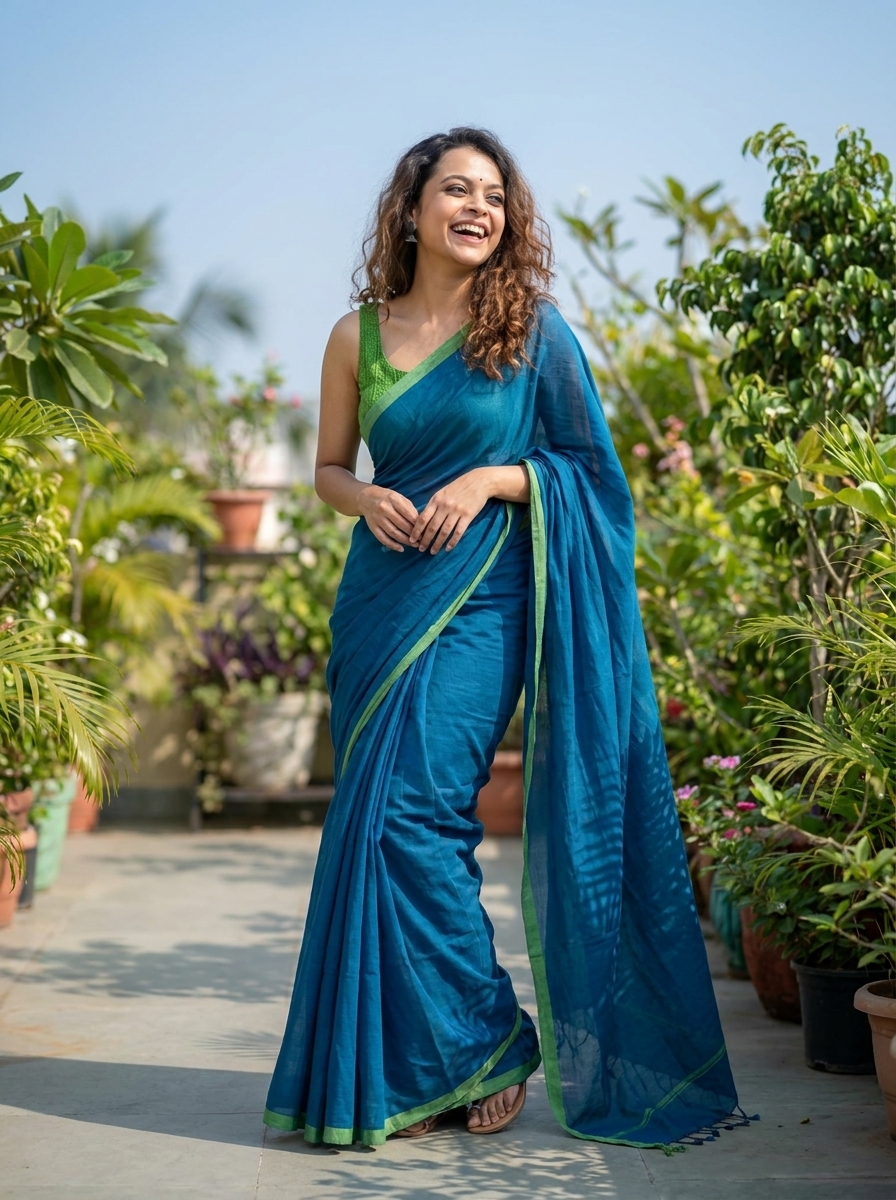 Woman wearing royal blue soft mull cotton saree with green border and tassel detailing