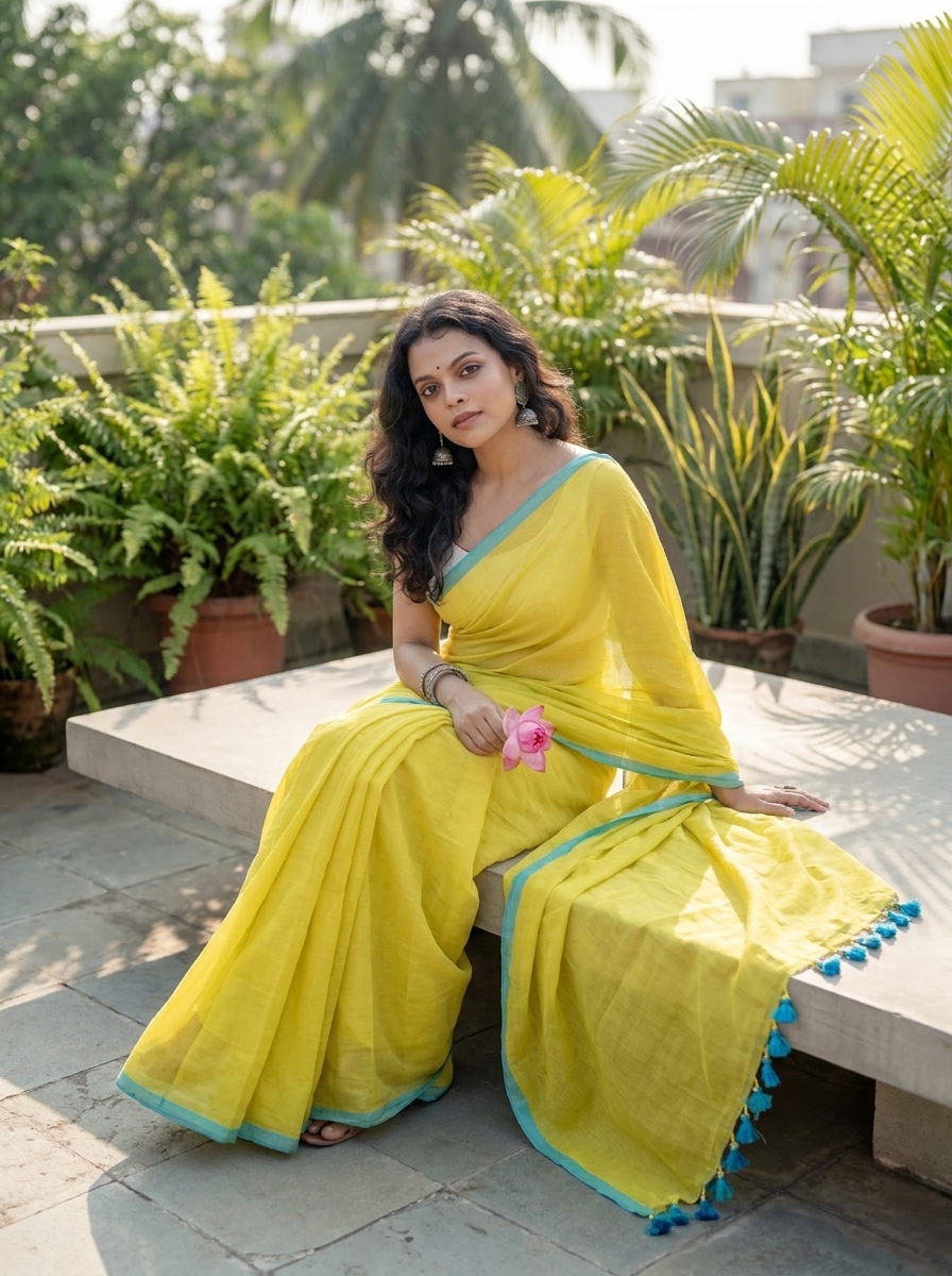 Woman wearing a Lime Green soft mull cotton saree with aqua blue border and tassel detailing in a rooftop garden setting.