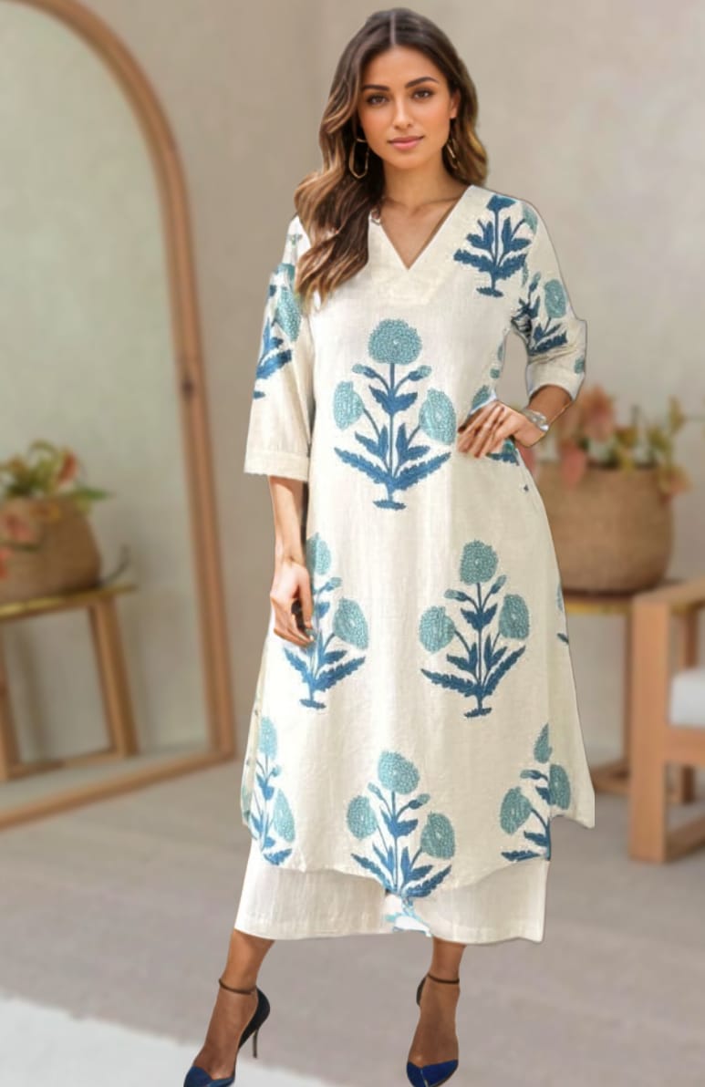Woman wearing an off-white cotton kurta set with pink floral handblock print from Mridula