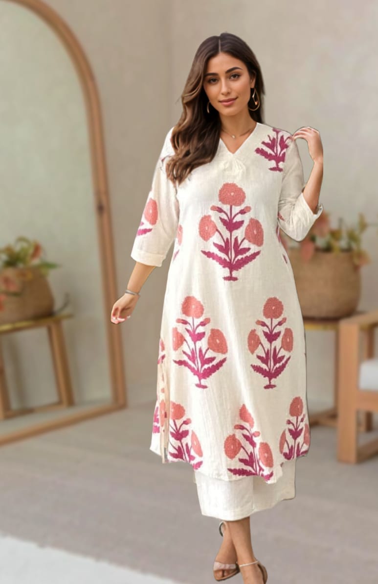 Woman wearing an off-white cotton kurta set with pink floral handblock print from Mridula