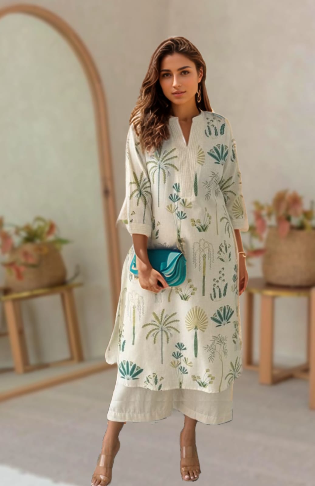 Model wearing ivory cotton kurta set with botanical prints and teal clutch