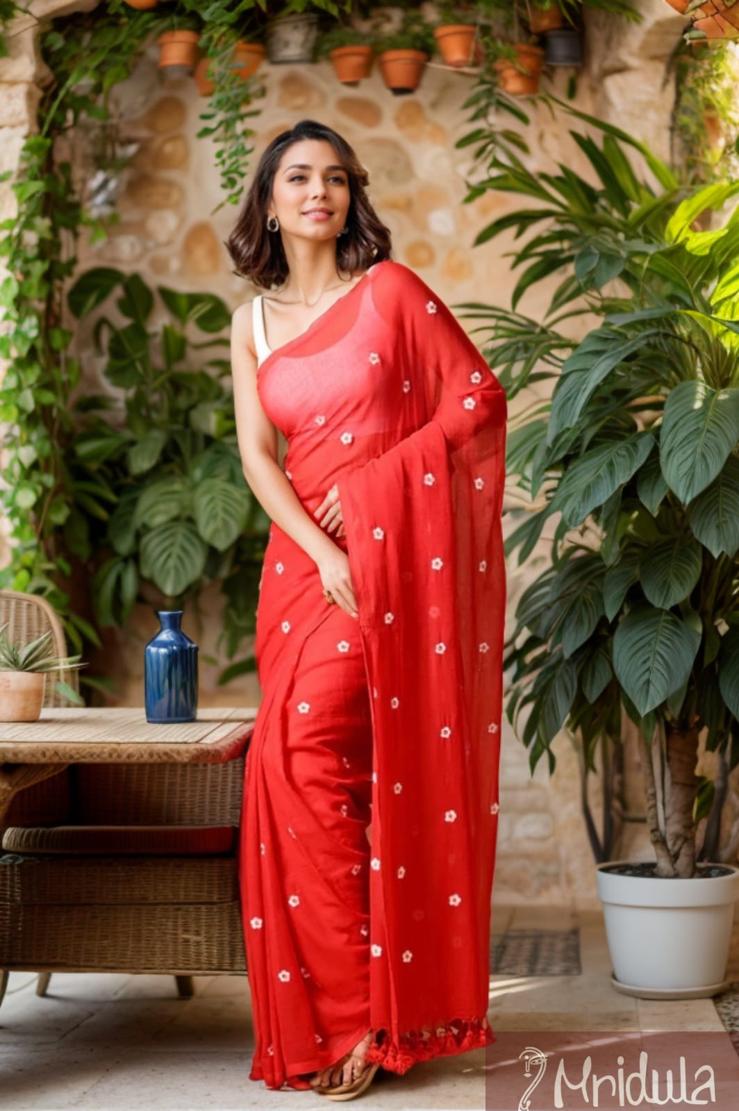 Woman wearing Mridula red mul cotton saree with white floral embroidery, standing near indoor plants