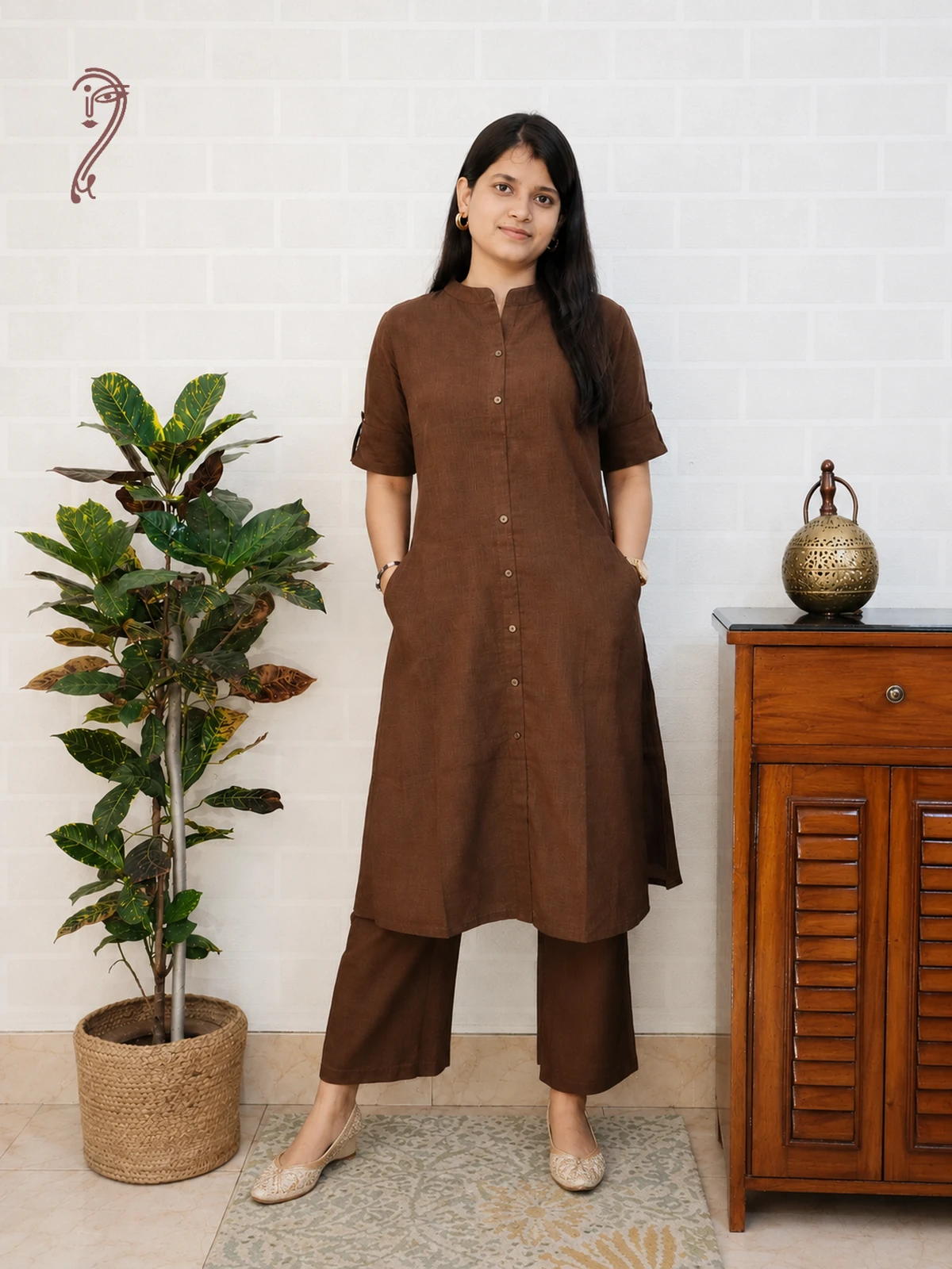 Mridula brown solid cotton slub kurta pant set for women front view