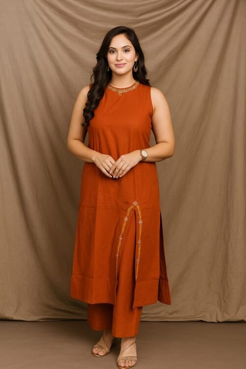 “Embroidered cotton kurti set with pants for women” “Festive slub cotton kurti pant set with white embroidery” “Elegant ethnic cotton kurti pant outfit for women”