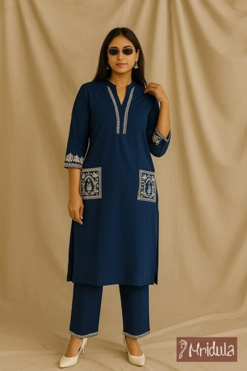 Blue Pure Cotton Embroidered Kurti Pant Set