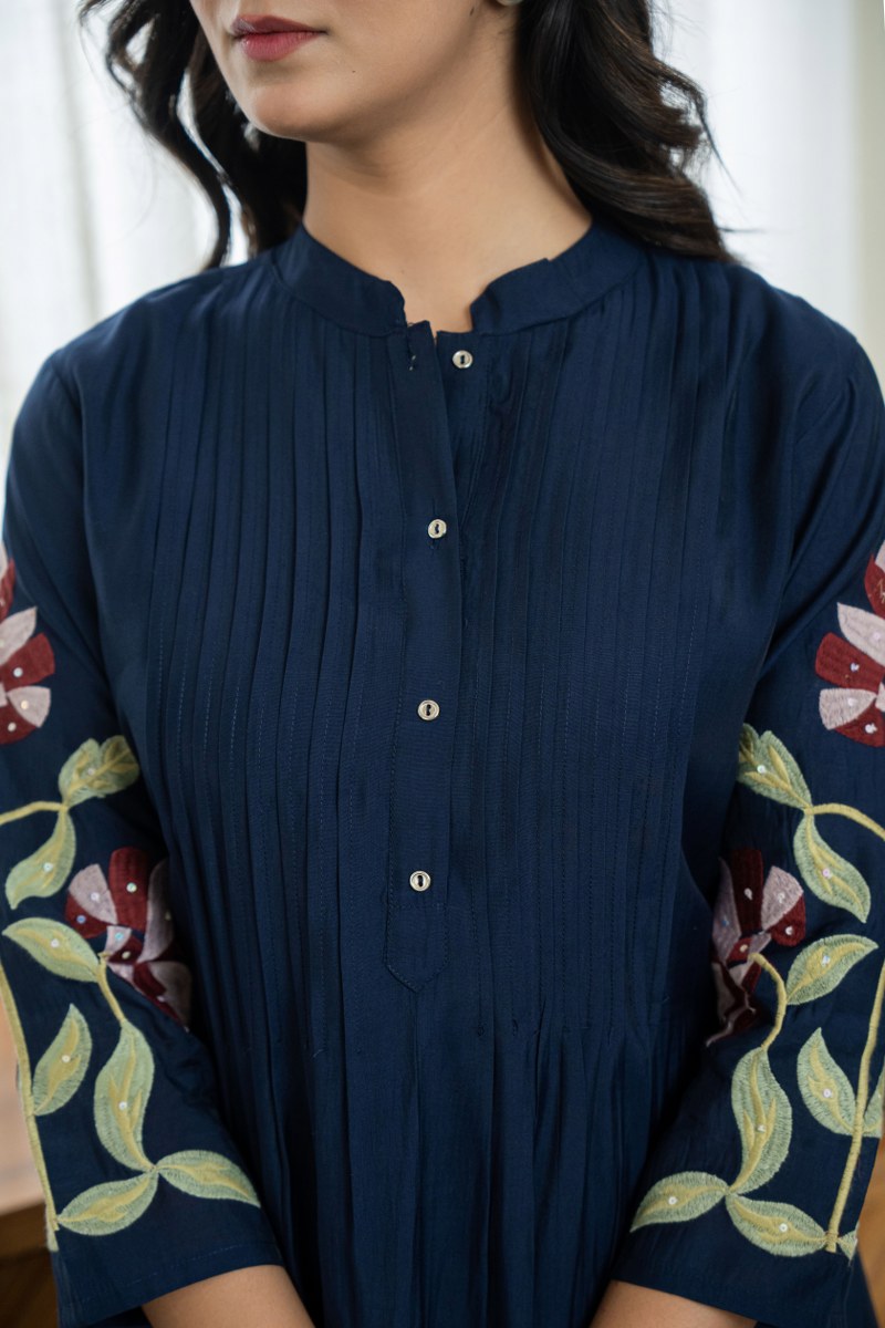 Pleated Cotton Embroidered Kurti Pant Set - Image 2