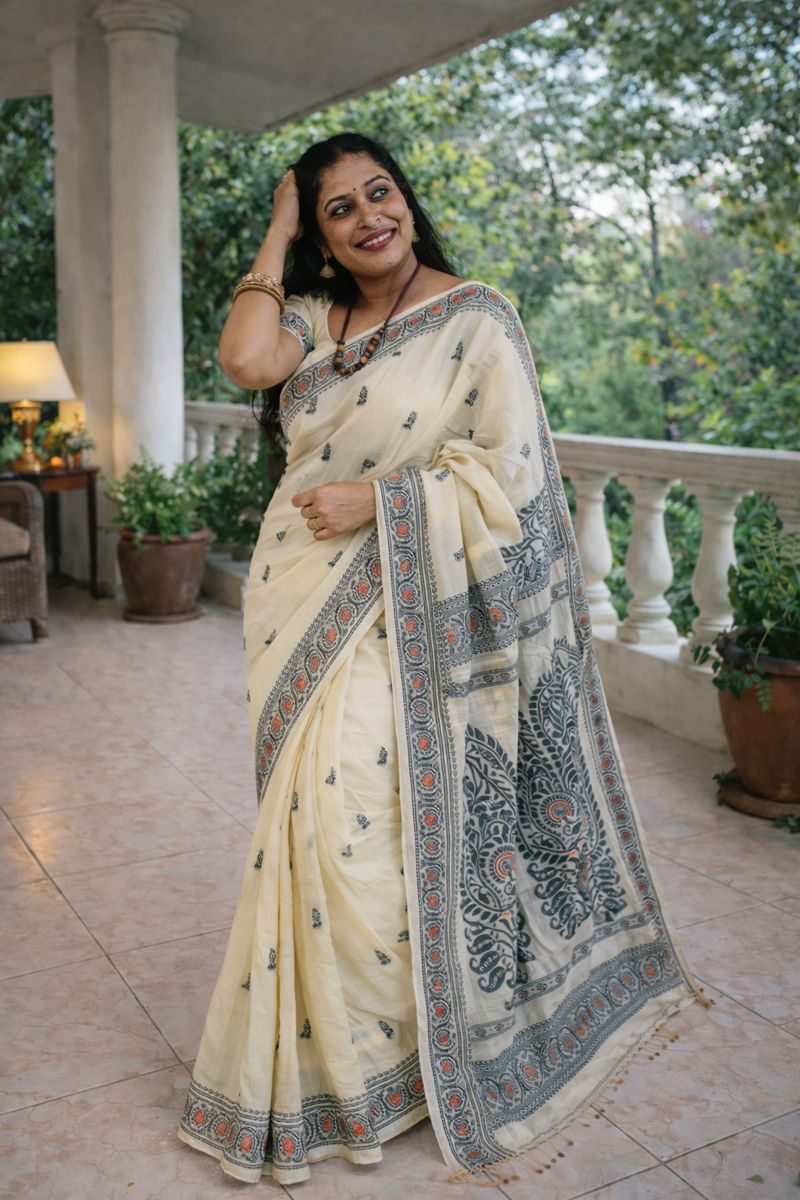Indian woman seated on a veranda wearing an ivory cotton Baluchori saree with traditional woven motifs and ornate border