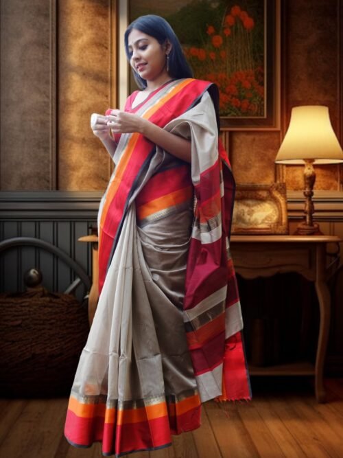 Indian woman wearing a pure Maheshwari silk saree in beige with red and orange zari border, styled elegantly indoors