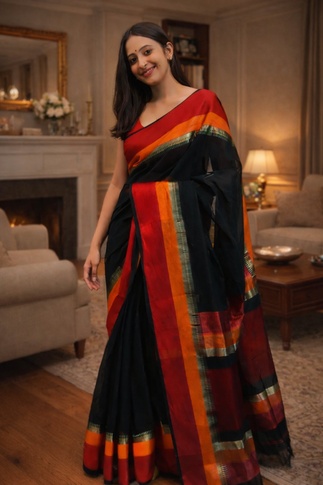 Black and red Maheshwari cotton silk saree with traditional border drape