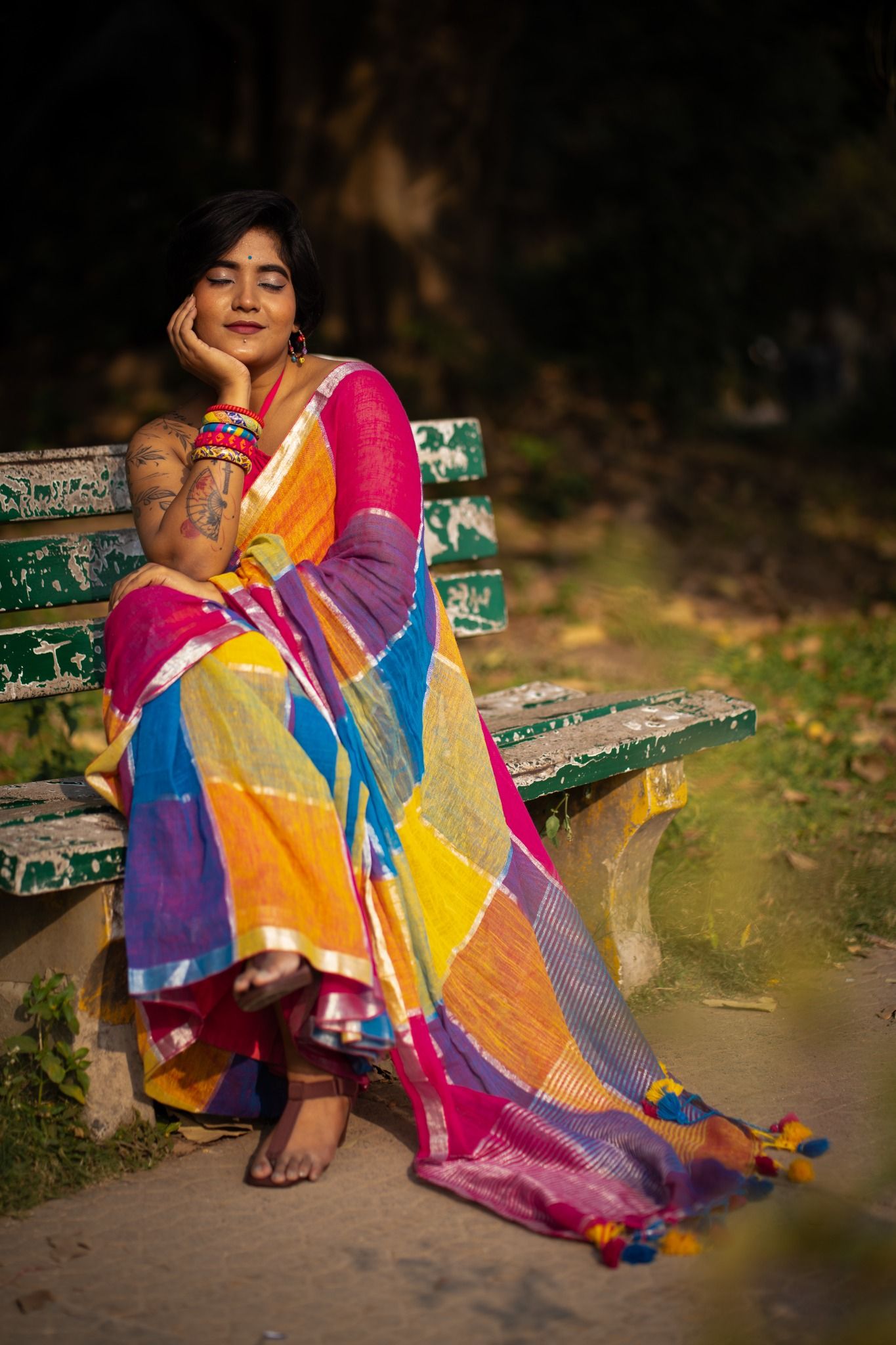 Bahaar Multicolour Cotton Linen Saree - Image 4