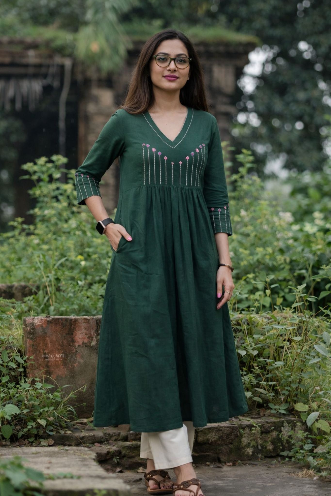 Forest green cotton slub pleated kurta set with embroidered yoke and cotton flex pants