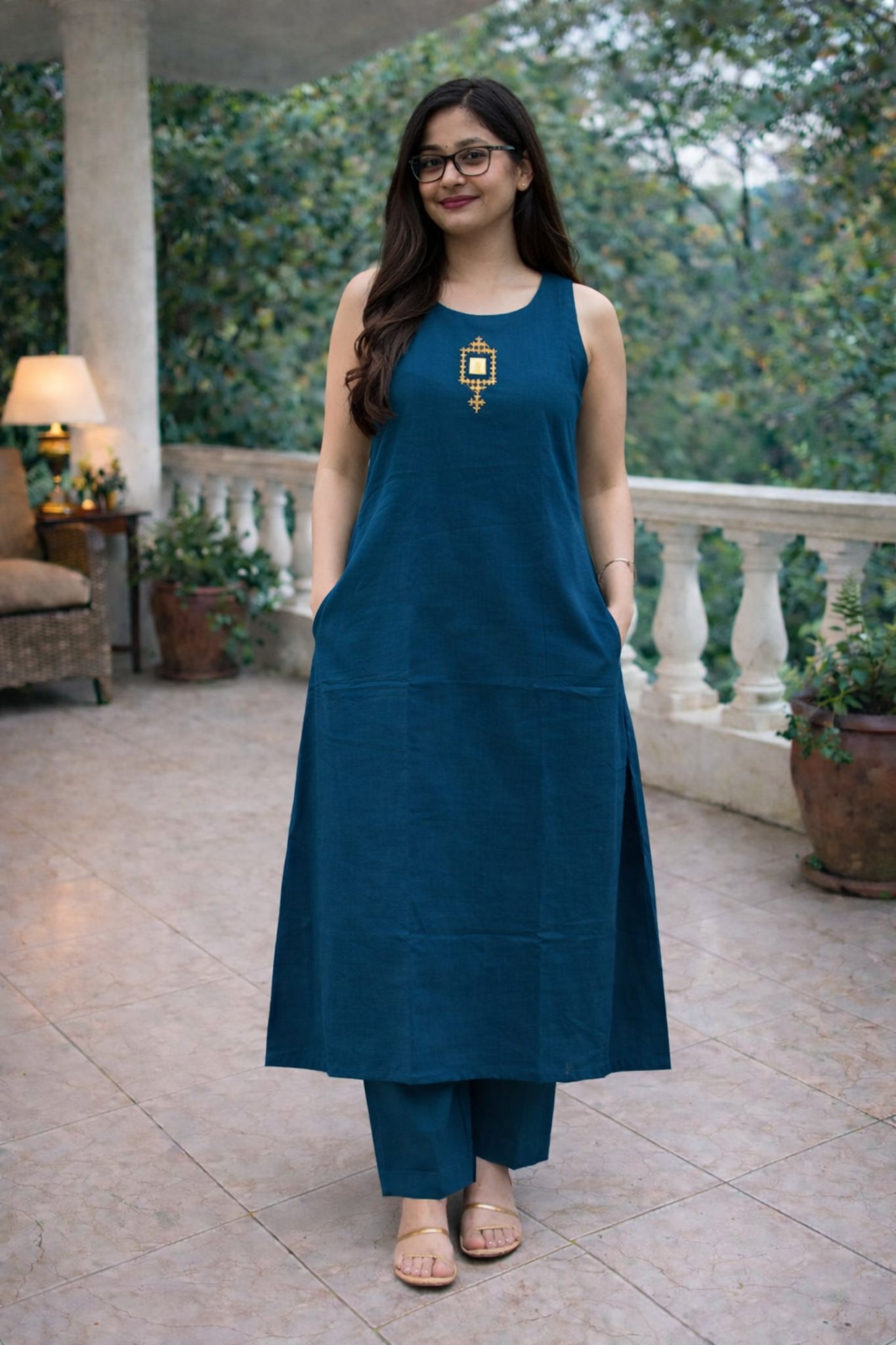 Teal blue cotton A-line round neck kurti co-ord set with embroidery and pants