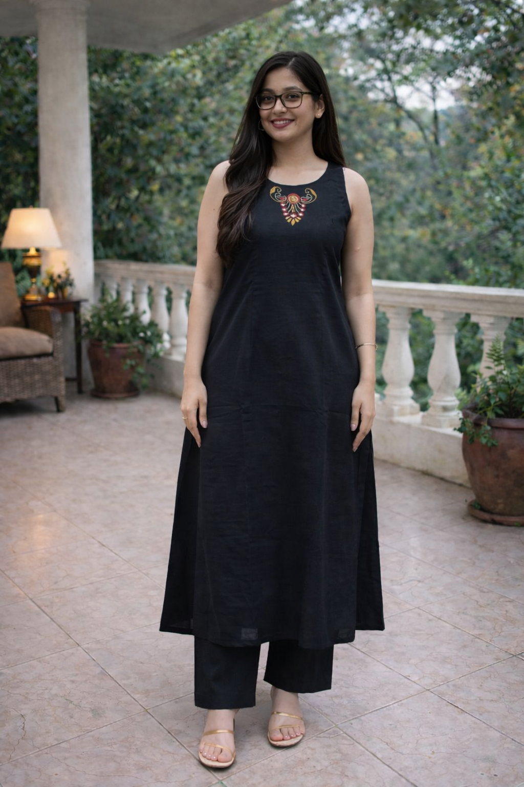 Black cotton A-line Round neck kurti co-ord set with mirror embroidery and pants