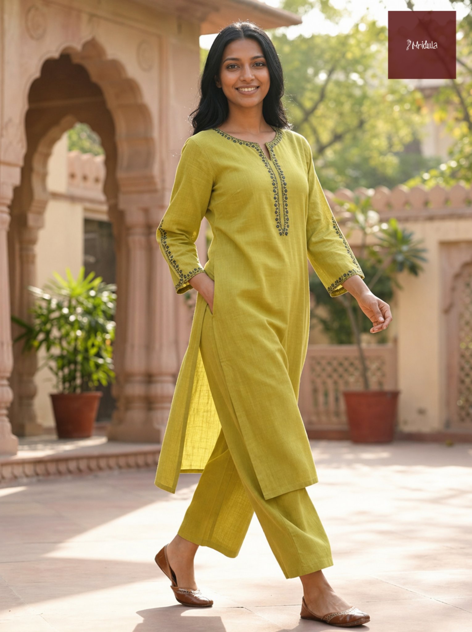 Threaded Elegance Cotton Slub Kurta Palazzo Set - Image 2
