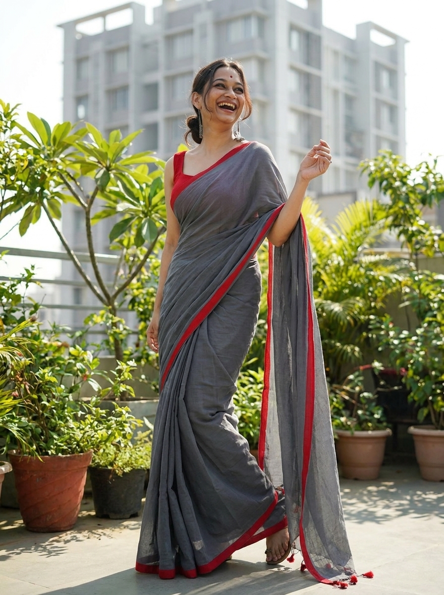 Woman wearing soft grey Khadi cotton saree with red contrast border