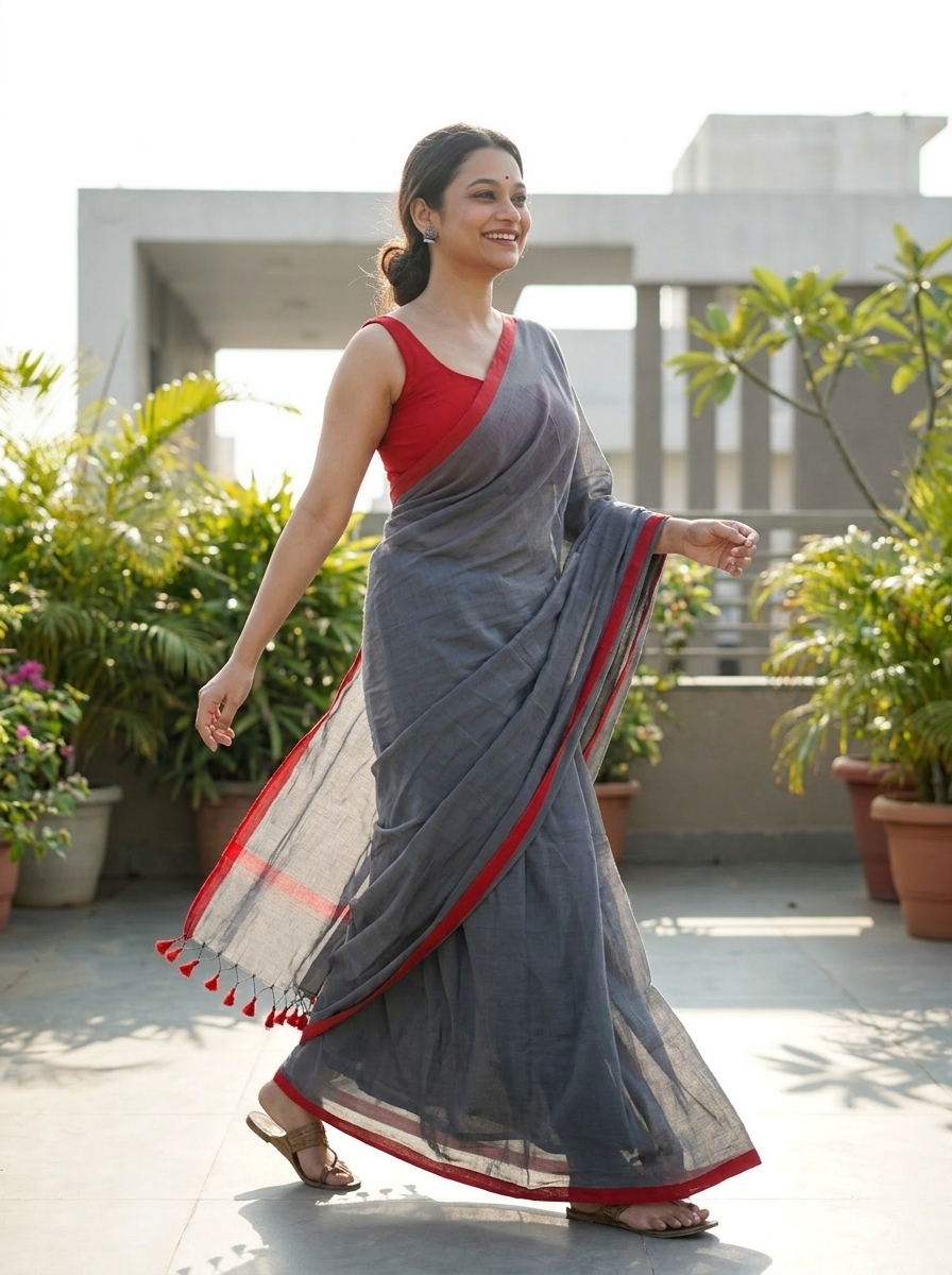 Mridula Grey Whisper Soft Khadi Cotton Saree - Image 3