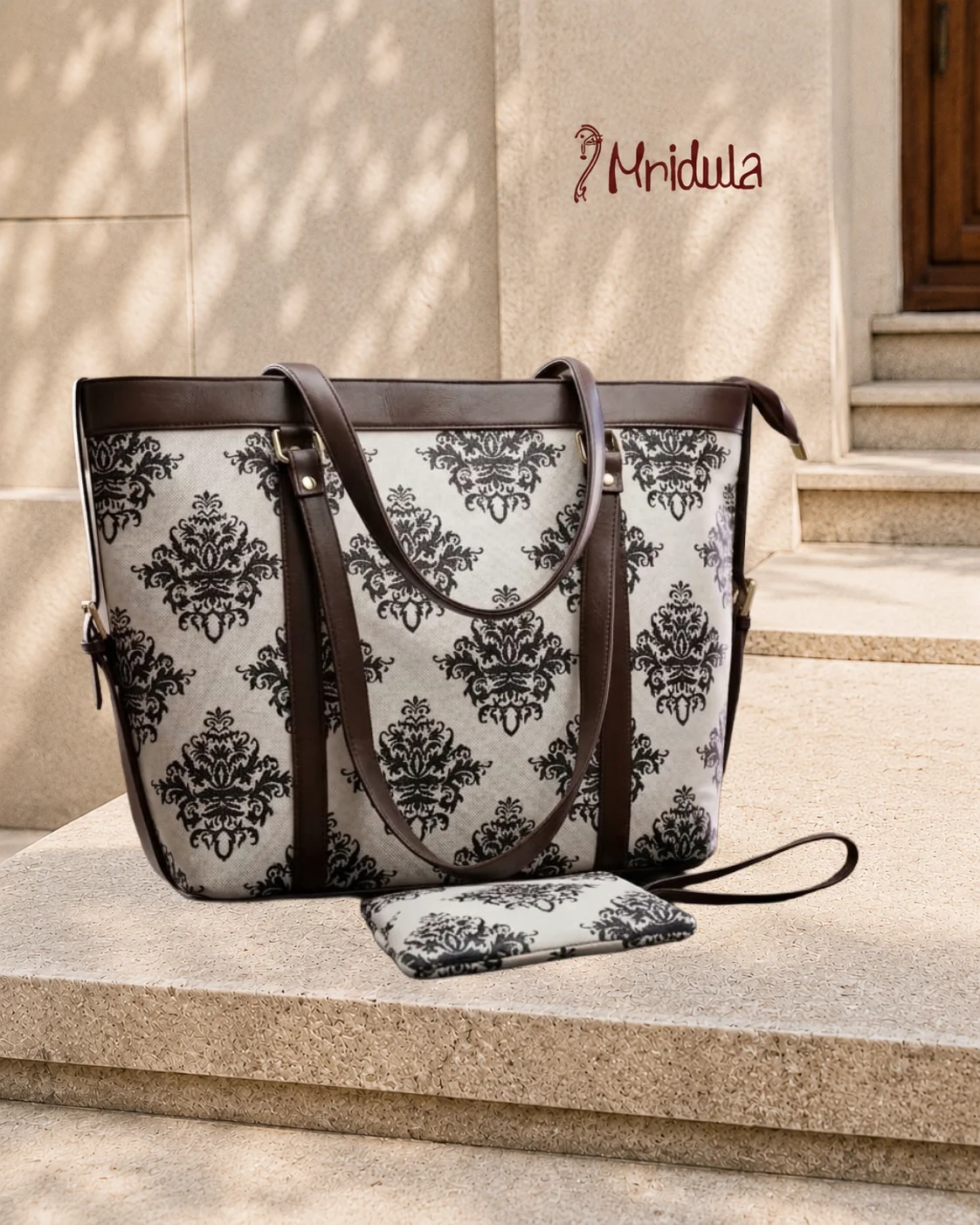 Mridula Noir Heirloom Laptop Tote Bag in premium canvas with PU leather handles and trim