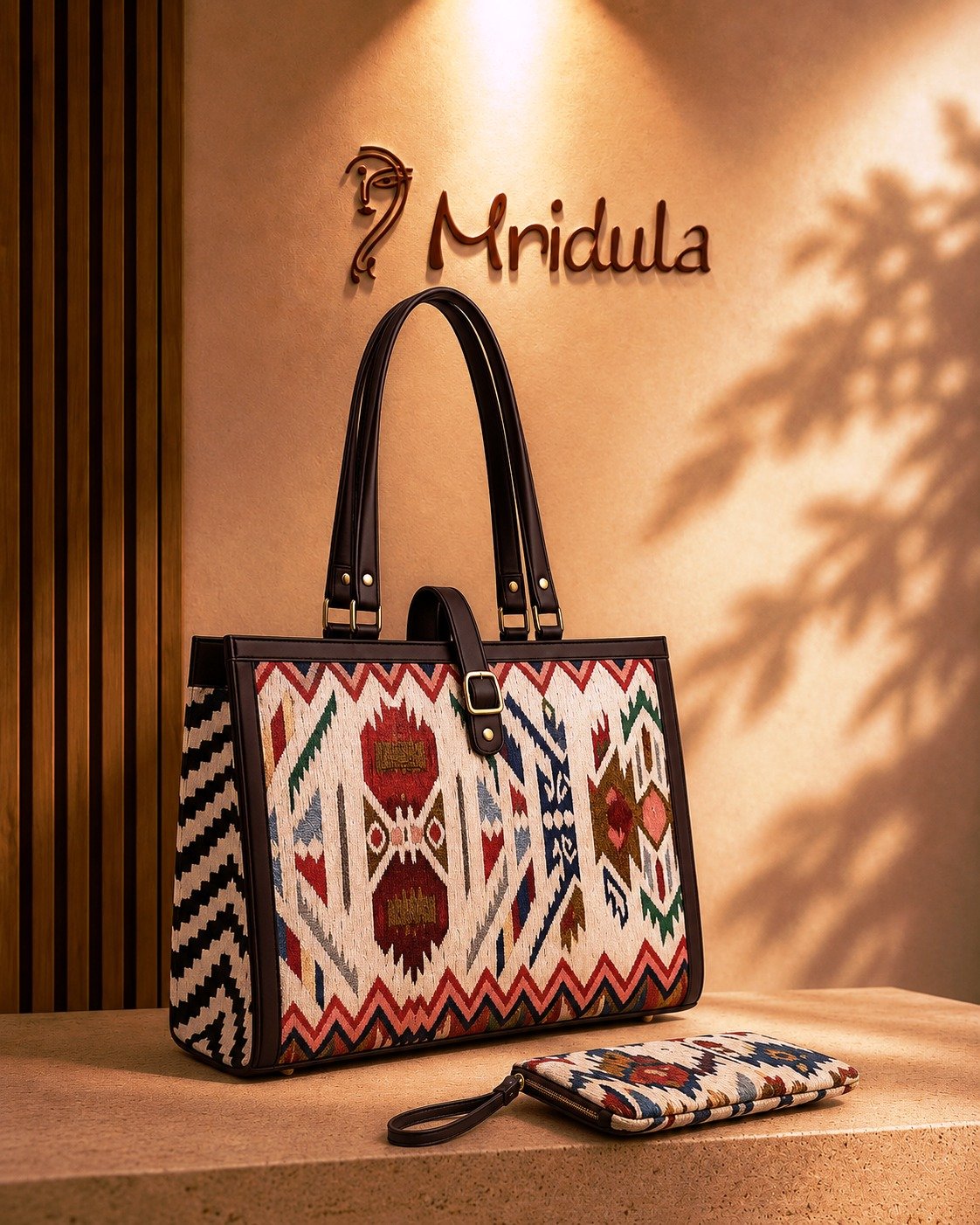 Mridula Nomad Weave Square Durrie Tote Bag with Matching Pouch