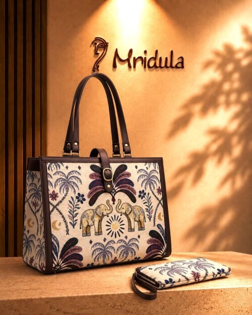 Mridula Heritage Durrie Square Tote Bag with matching pouch for women featuring elephant print laptop office bag