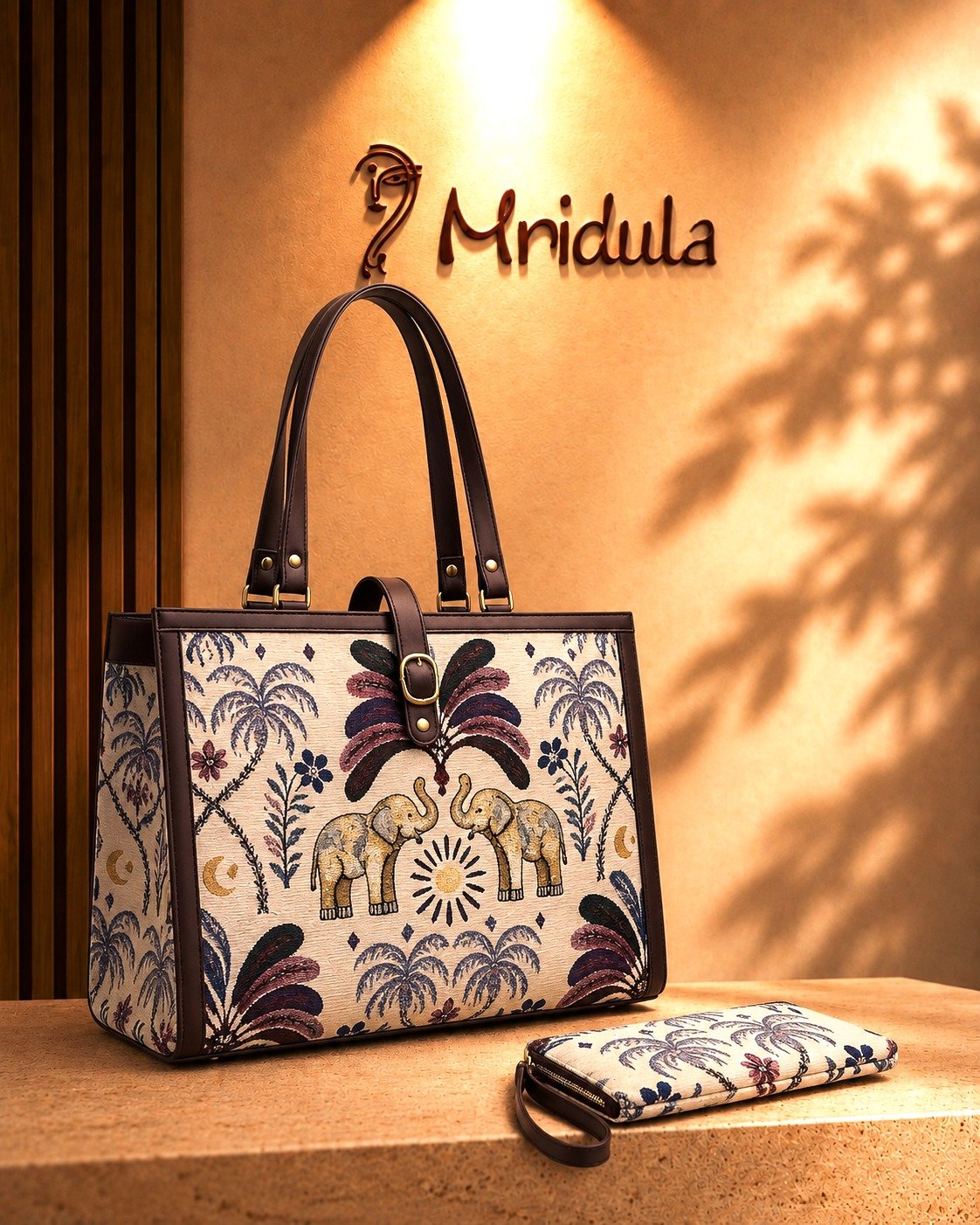 Mridula Heritage Durrie Square Tote Bag with matching pouch for women featuring elephant print laptop office bag