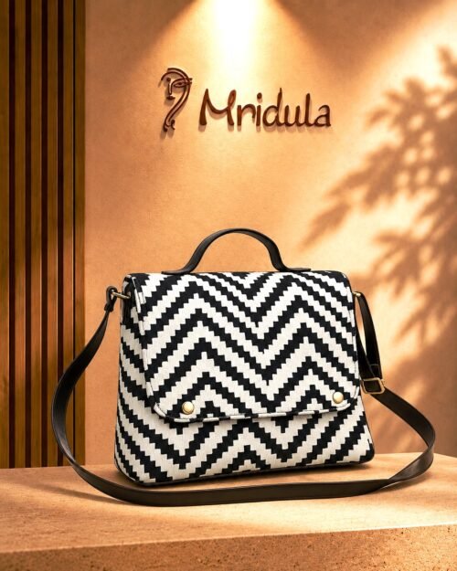 Black and white handcrafted dhurrie sling bag with PU leather handle and adjustable sling belt