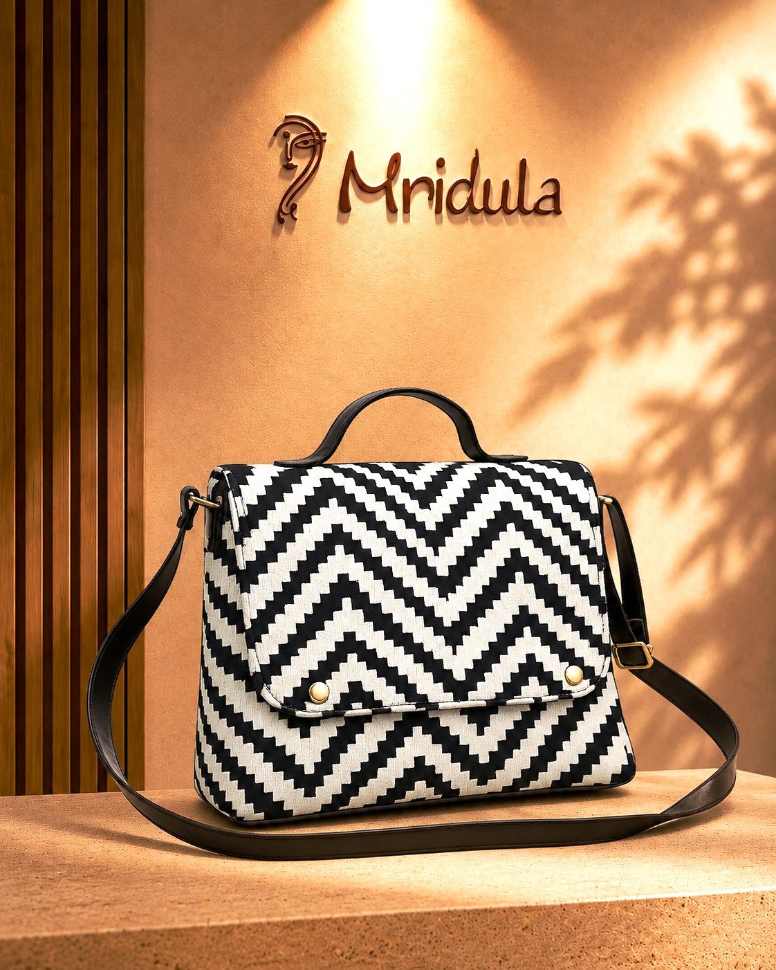 Black and white handcrafted dhurrie sling bag with PU leather handle and adjustable sling belt