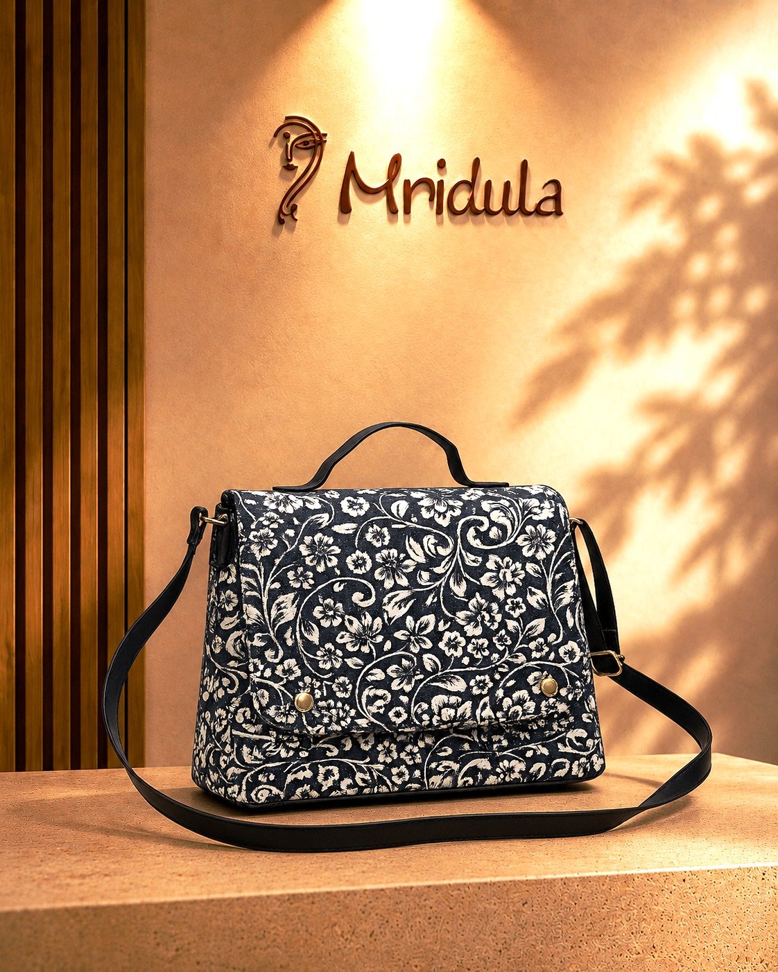 Mridula Noor black and white floral printed sling bag with adjustable strap