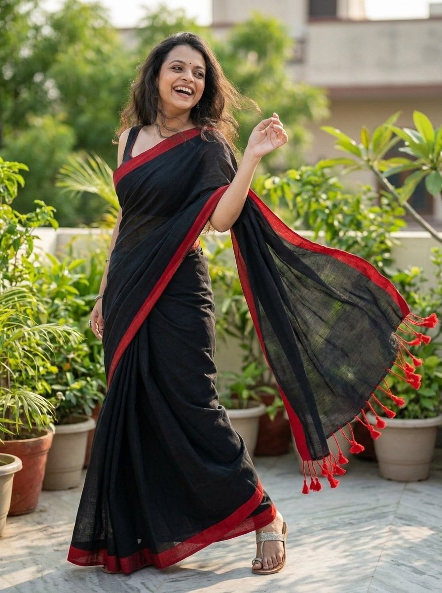 Woman wearing a black Khadi cotton saree with a vermilion red border and tassel pallu