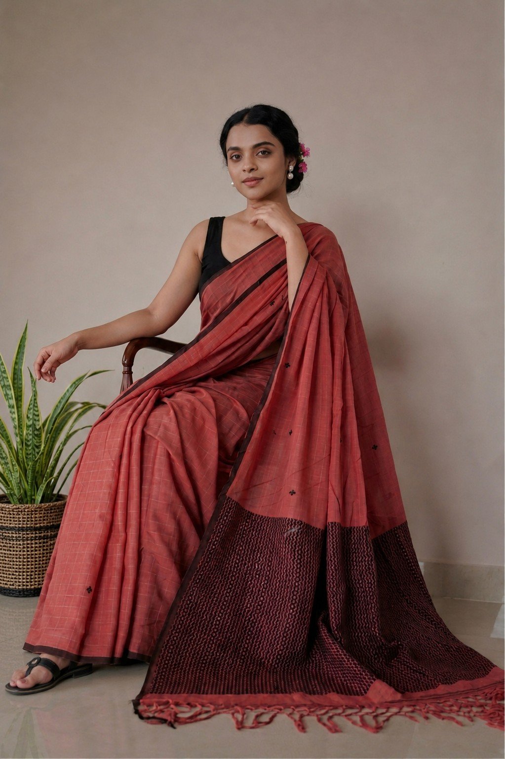 Woman wearing Mridula Terracotta Loom handwoven mercerised cotton saree with jacquard weaving, checkered ghicha pattern, woven buta motifs, contrast border, and blouse piece.