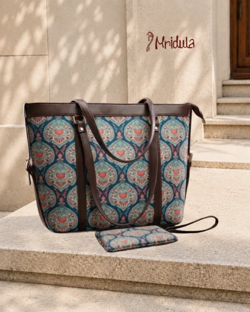 Mridula Heritage Laptop Tote Bag in canvas fabric with matching pouch