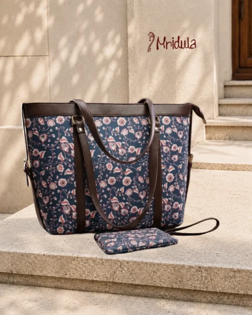 Mridula Indigo Bloom Laptop Tote Bag in premium canvas fabric